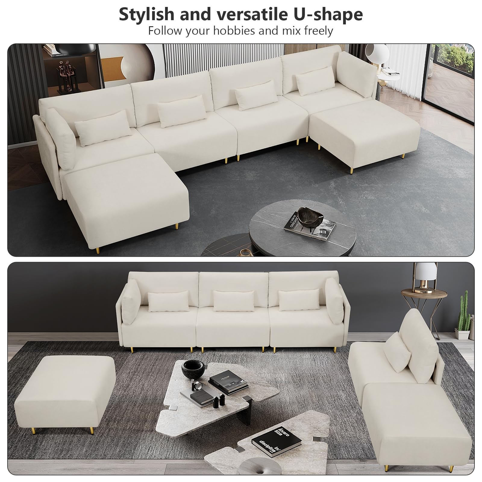 Lecut Sectional U-Shaped Couch 6 Seat Modular Sectionals Sofa Reversible Sectional Modular Sofa with Wide Chaise and 4 Pillows L-Shape Sectional Sofa for Living Room Bedroom Office 143”White