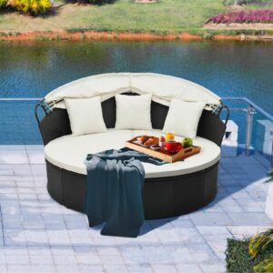 Tangkula Outdoor Patio Round Daybed with Retractable Canopy, Black Rattan Wicker Furniture Sectional Seating with Cushions and Throw Pillows, Seating Separates Cushioned Seats for Backyard (Off White)