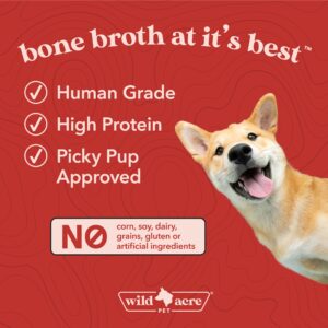 Wild Acre Premium Beef Bone Broth for Dogs – High Protein + Collagen Enhanced with Mushroom Blend for Strong Bones, Joint Flexibility, Digestive Comfort, and Immune Support - Natural Dog Food Topper