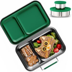 aohea stainless steel lunch box for kids, leak proof bento lunch box bpa free 304 stainless steel bento box stainless bento box with containers for school and office(green)