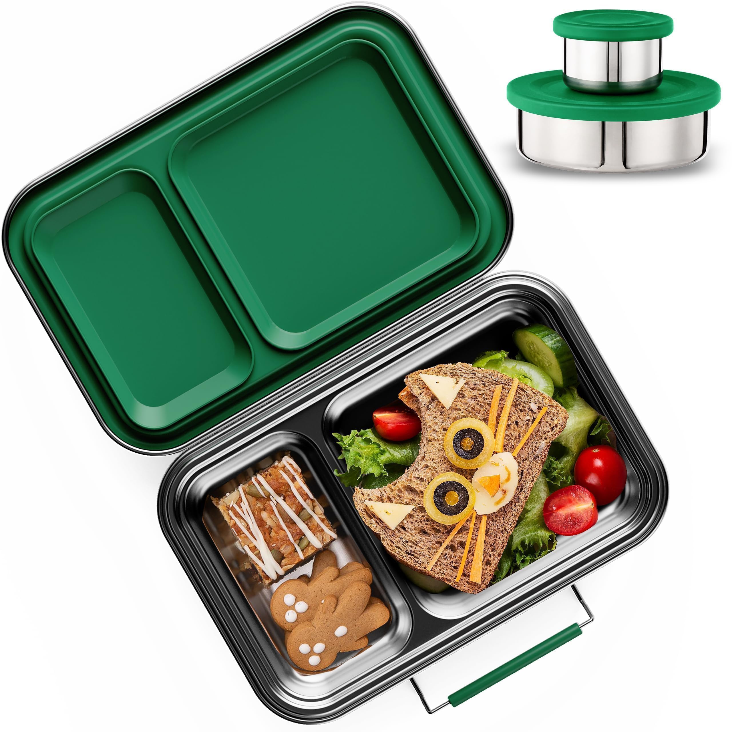 AOHEA Stainless Steel Lunch Box for Kids, Leak Proof Bento Lunch Box BPA Free 304 Stainless Steel Bento Box Stainless Bento Box with Containers for School and Office(Green)