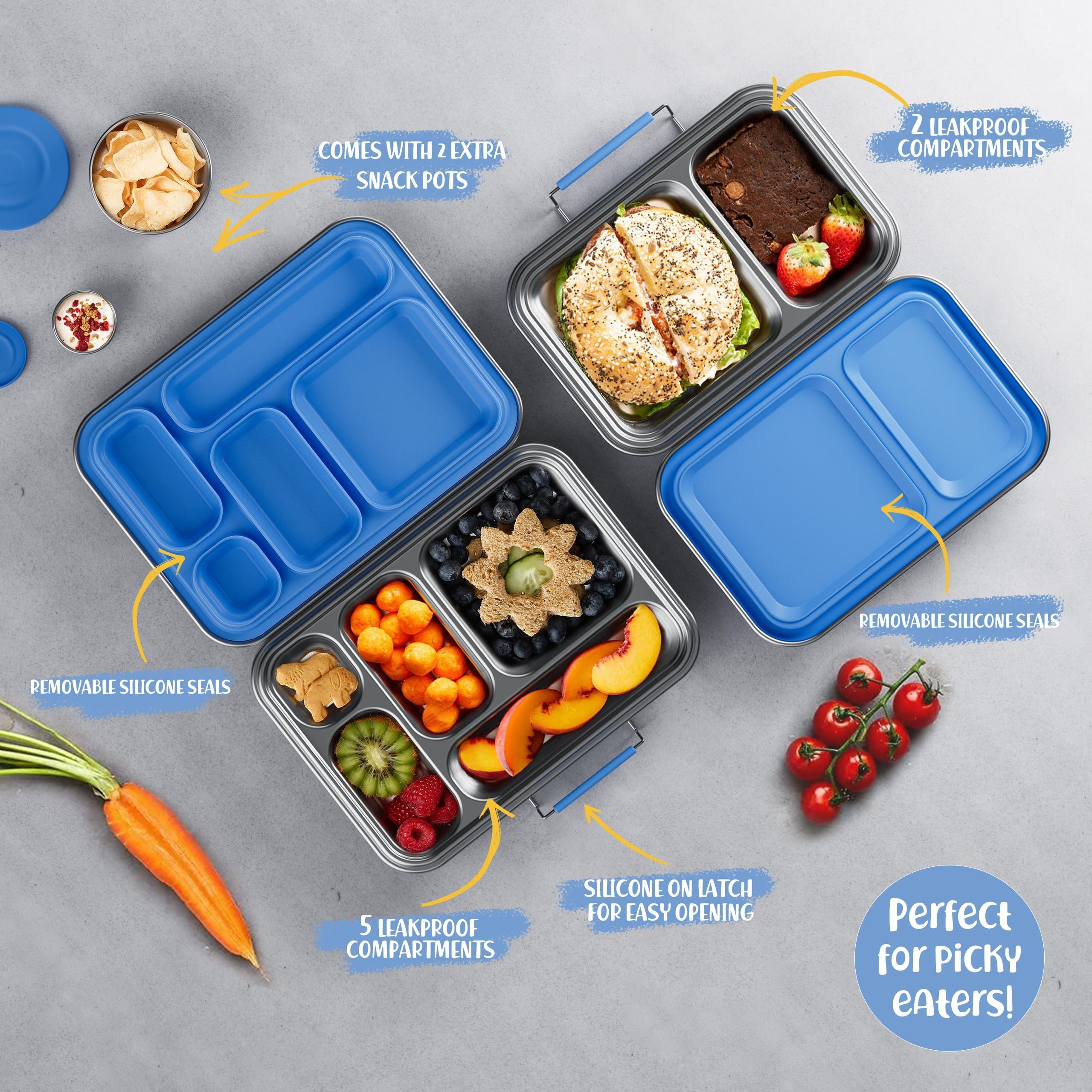 AOHEA Stainless Steel Lunch Box for Kids, Leak Proof Bento Lunch Box BPA Free 304 Stainless Steel Bento Box Stainless Bento Box with Containers for School and Office(Blue)