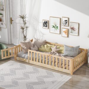 lostcat twin size floor bed frame with safety fence and door, wood montessori floor bed with slat support,toddler floor bed frame for kids girls boys,no box spring needed, natural