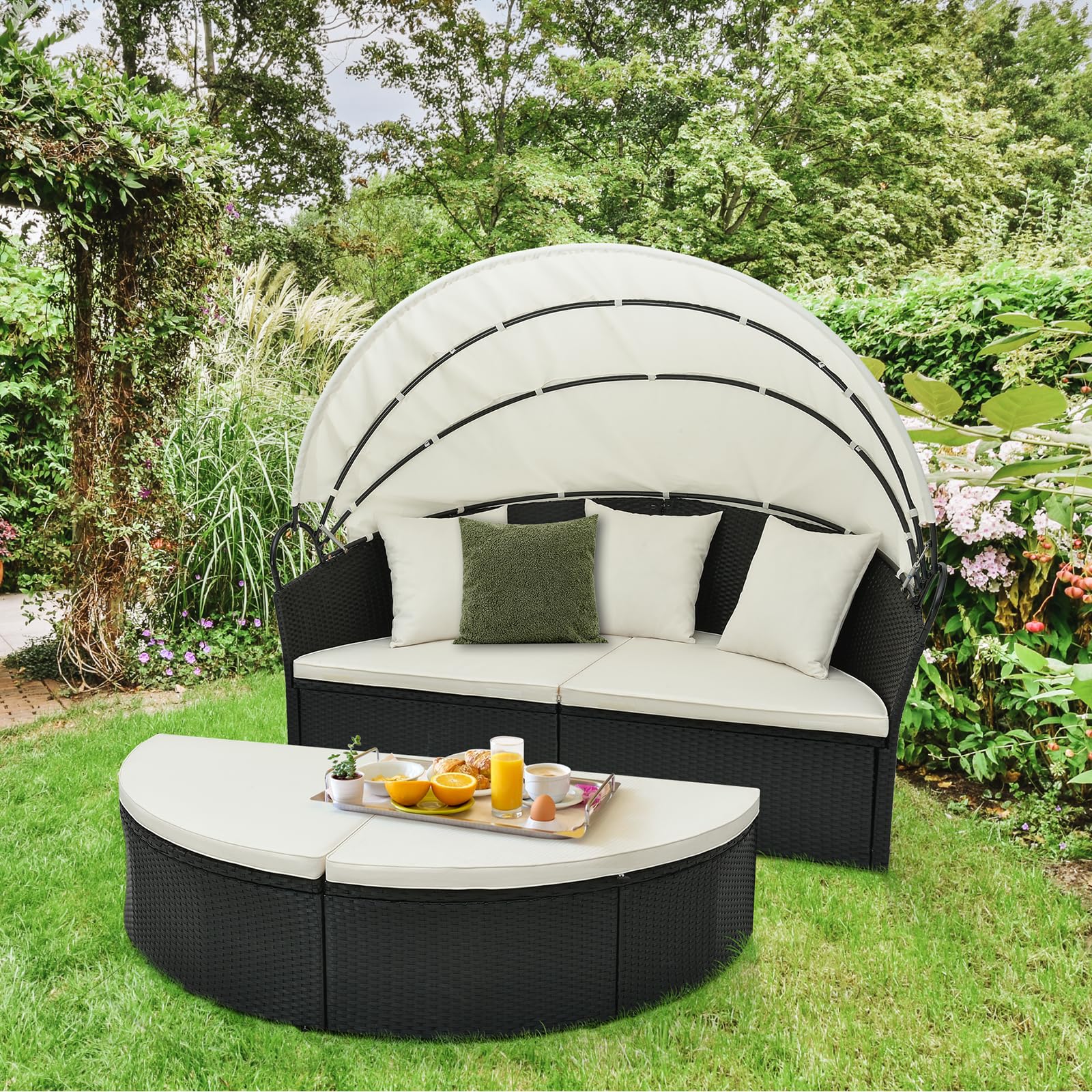 Tangkula Outdoor Patio Round Daybed with Retractable Canopy, Black Rattan Wicker Furniture Sectional Seating with Cushions and Throw Pillows, Seating Separates Cushioned Seats for Backyard (Off White)