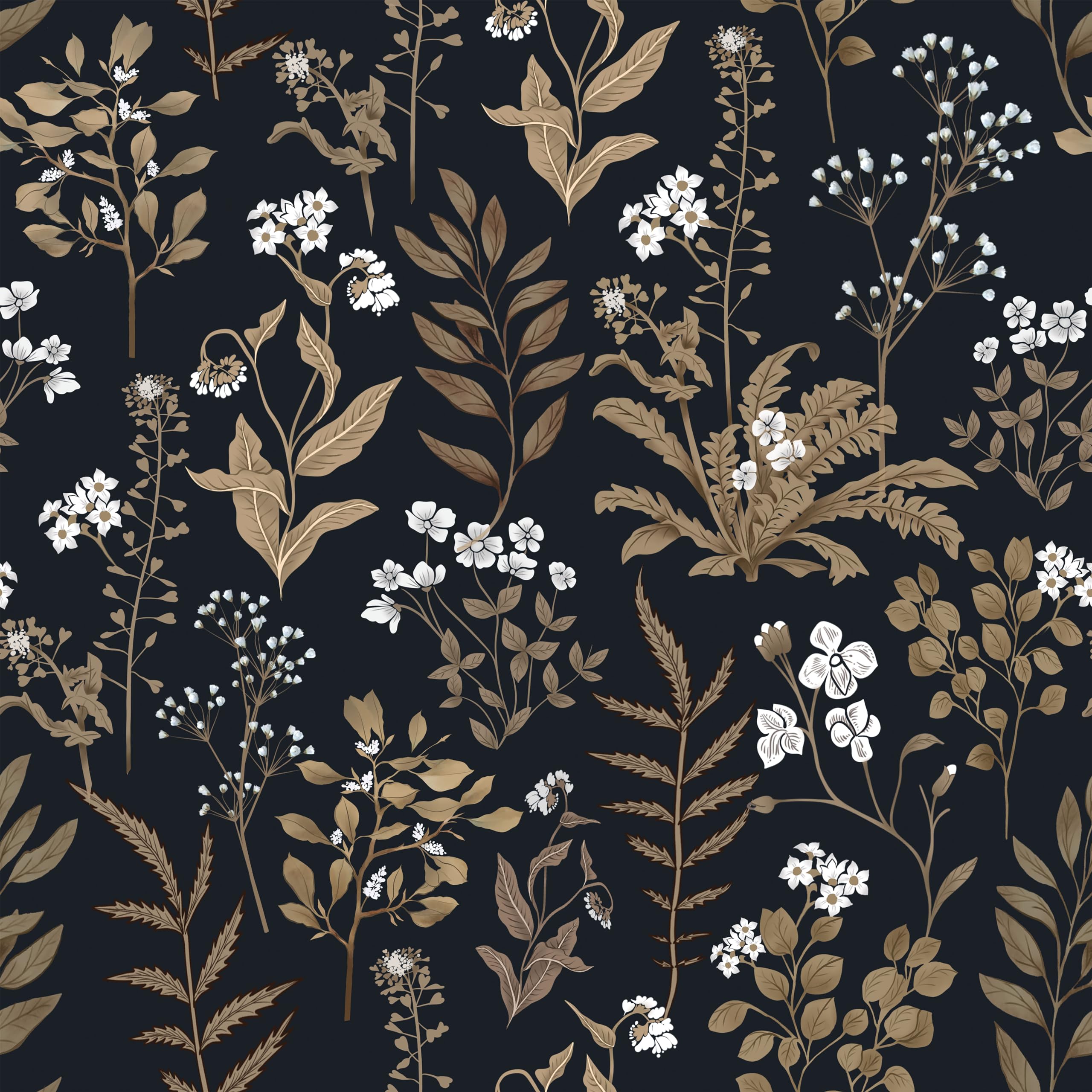 Abyssaly Black and Gold Peel and Stick Wallpaper Vintage, 17.7" x 118" Dark Floral Wallpaper Glod Leaf with White Flower Contact Paper for Wall Furniture Cabinet, Vinyl Self Adhesive Wall Paper