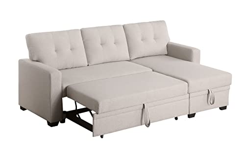 L-Shaped 3-Seaters Corner Sectional Sofa W/Pull Out Sleeper Couch Bed and Reversible Storage Chaise for Home Office Apartment Living Room, Modern Linen Upholstered Sofa & Couch Convertible Sofabed