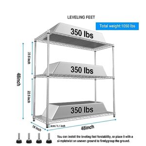 3 Tier NSF Wire Shelf Shelving Unit, 18 x 48 x 48 Inch 1050lbs Capacity Heavy Duty Adjustable Storage Metal Rack with Leveling Feet & Shelf Liners, Ideal for Garage, Kitchen, Office and More - Chrome