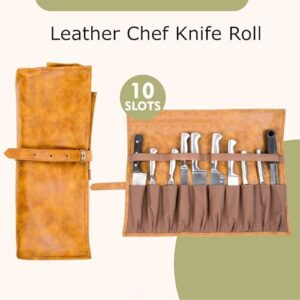 Chef Knife Bag with Leather Knife Roll Holds 10 Knives-Travel Friendly Tool bag backpack with USB Charging Port- Ample Storage Knife Carrying Case w/Back Pocket for Laptop-Sturdy & Stylish Chef Bag