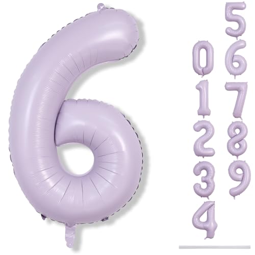 40 Inch Balloon Number 6 Light Purple, Large Foil Pastel Purple 6 Balloons Number for Women, Lavender Globos de Numero 6 Helium Balloons for Girls 6th Birthday Anniversary Graduation Party Decorations