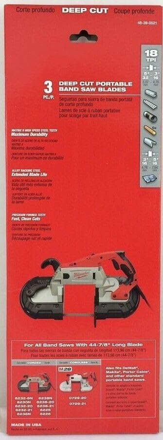 for Milwaukee 48-39-0521 44-7/8-Inch, 18 Teeth per in, Bi-Metal Band Saw Blade, 3PK