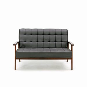 Panana 110 cm Small Office Couch Loveseat Sofa with Wood Arms, Mid Century Modern Love Seat Sofas Lounge Armchair Living Room Bedroom (Black Artificial, Tufted)