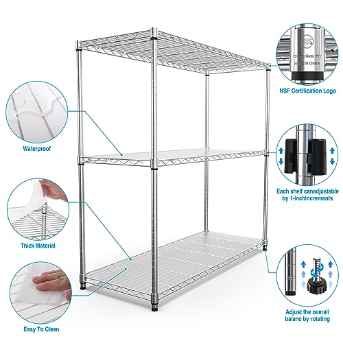 3 Tier NSF Wire Shelf Shelving Unit, 18 x 48 x 48 Inch 1050lbs Capacity Heavy Duty Adjustable Storage Metal Rack with Leveling Feet & Shelf Liners, Ideal for Garage, Kitchen, Office and More - Chrome