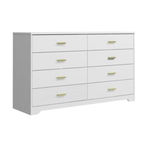 8 drawer wood lateral dresser, big wide chest of drawers storage organizer with metal gold handles home bedroom (white)