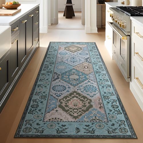 Phantoscope Hallway Runner Rug 2'x6' - Vintage Washable Non-Slip Kitchen Rug Runner with Rubber Backing, Ultra-Thin Moroccan Boho Carpet Runner for Entryway Laundry Bathroom, Blue Teal/Multi