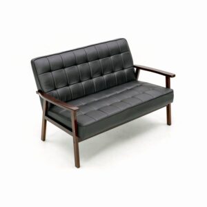 Panana 110 cm Small Office Couch Loveseat Sofa with Wood Arms, Mid Century Modern Love Seat Sofas Lounge Armchair Living Room Bedroom (Black Artificial, Tufted)