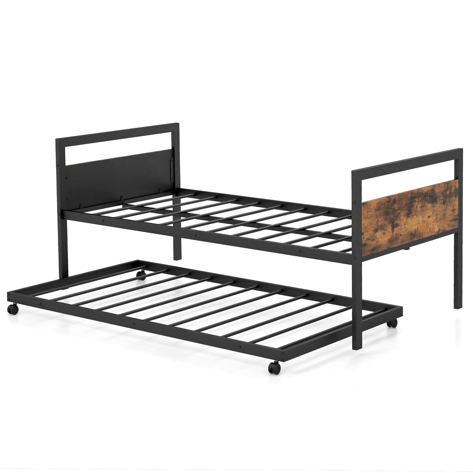 KOMFOTT Twin Size Metal Daybed with Trundle, Daybed Frame with Wooden Headboards, Metal Slat Support, Saving Space Metal Sofa Bed Frame for Living Room, Bedroom, Apartment, No Box Spring Needed