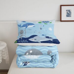 Homewish Shark and Whale Comforter Set,Cartoon Sea Animal Bedding Set for Kids Girls Women,Adults Octopus Turtle Comforter,Underwater World Quilted Duvet Set Bedroom Collection Twin Size 2Pcs