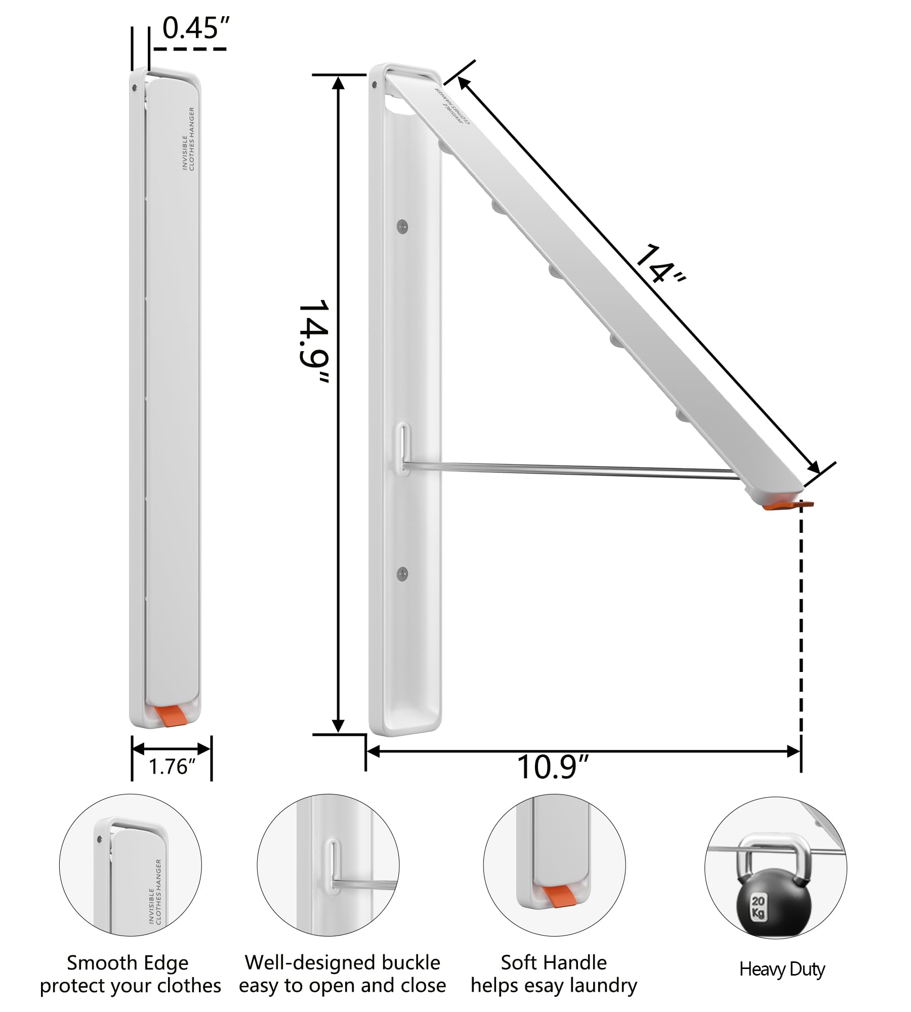 Dr.DJ Clothes Drying Rack Wall Mounted, Retractable & Foldable Clothes Hanger for Laundry Room Organization and Storage, Clothes Hanger Rack for Dorm, Closet, Balcony, Laundry Room(1P, Metal, White)