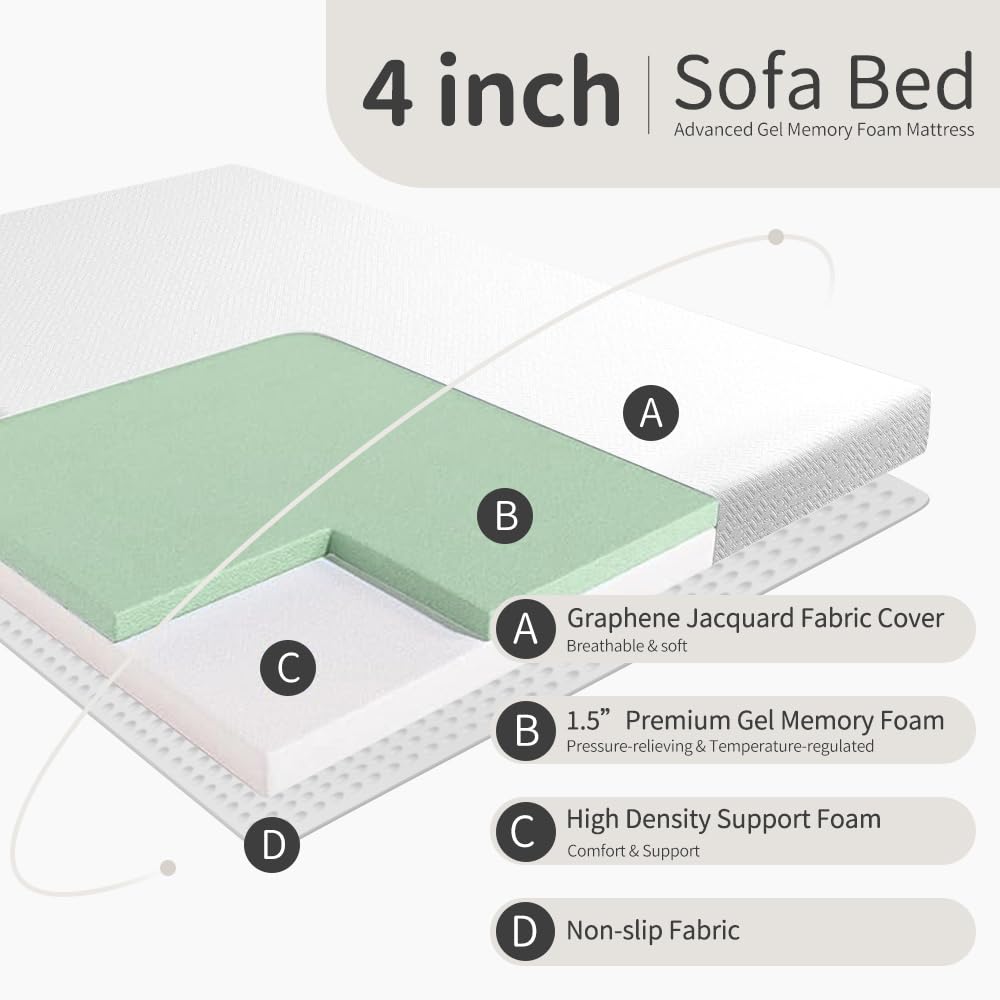 Gelsea 4Inch Memory Foam Sofa Bed Replacement Mattress for Full Size Sleeper Sofa & Couch Beds - Made in USA - Washable Material/Non-Slip Base - Sofa Not Included - 72" L x 53" W x 4" H