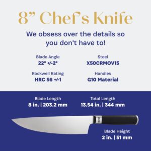 LEGEND COOKWARE Premium 8” German Steel Chef Knife - Professional Kitchen Knives - Sharp, Full Tang Stainless Steel w/Black G10 Handle - All Purpose Cooking Chef’s Knife - Gift Packaging w/Sheath