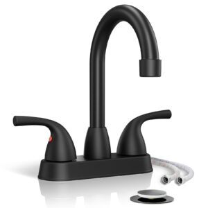 phiestina matte black 4 inch centerset bathroom faucet, 2 handle deck plate 2 or 3 hole bathroom faucet, with metal pop-up drain with overflow & cupc water supply line, bf02011-b11-mb