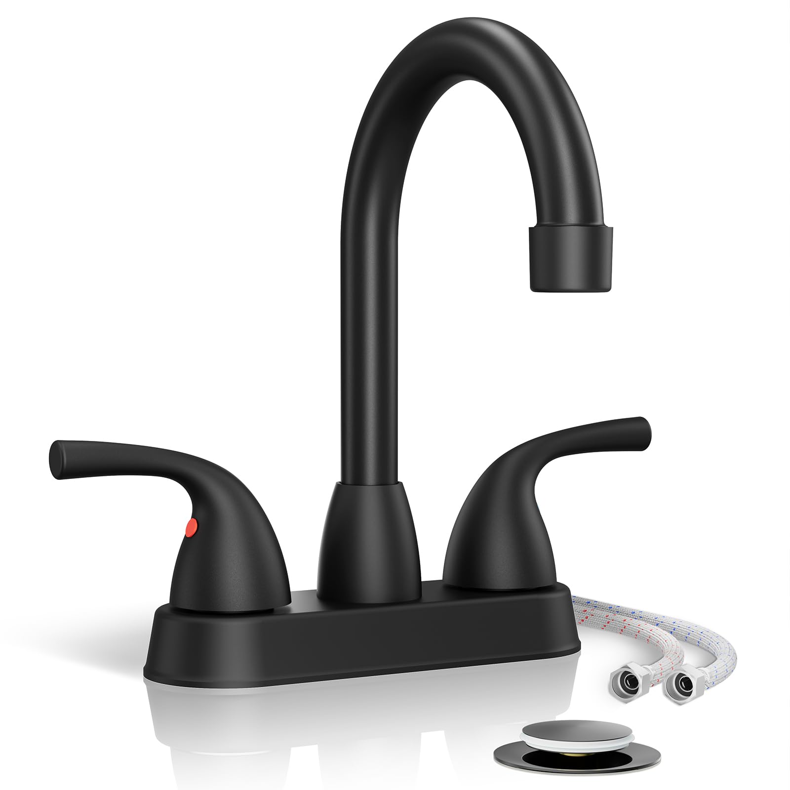 Phiestina Matte Black 4 Inch Centerset Bathroom Faucet, 2 Handle Deck Plate 2 or 3 Hole Bathroom Faucet, with Metal Pop-up Drain with Overflow & CUPC Water Supply Line, BF02011-B11-MB