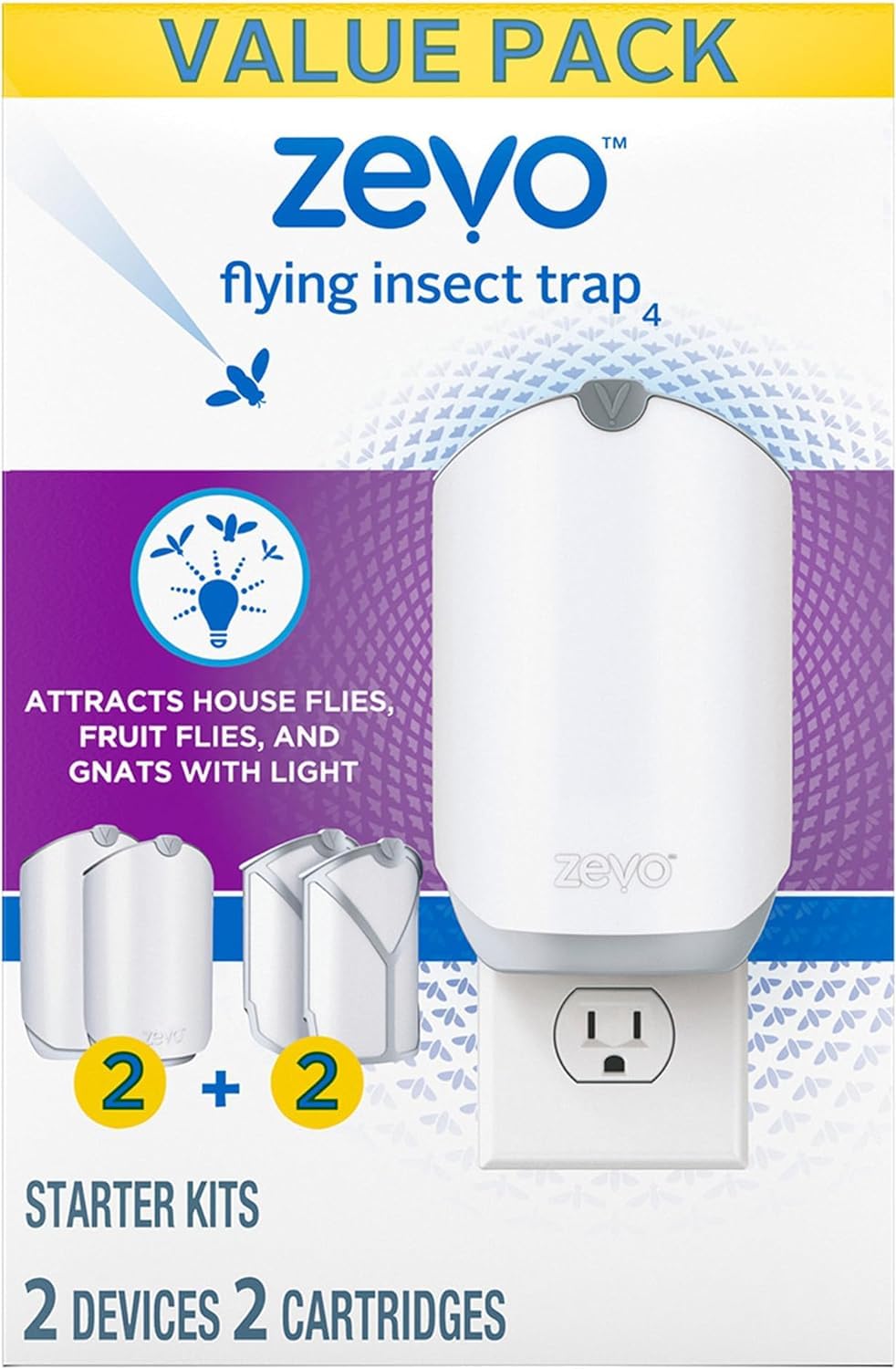 2-Packs Zevo Home Indoor Plug-in Fly Trap for Flies, Fruit Flies, Moths, Gnats, and Other Flying Insects – 2 Plug-in Bases + 2 Refill Cartridges and 3 Fruit Flys Traps in The tituaa Box