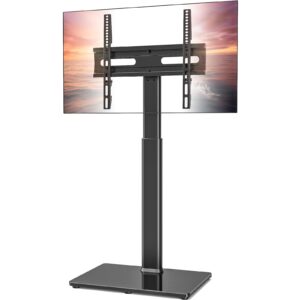 universal floor tv stand with mount 70 degree swivel 9 level height adjustable and space saving design for most 27 to 65 inch lcd, led oled tvs, perfect for corner & bedroom ax1006tb