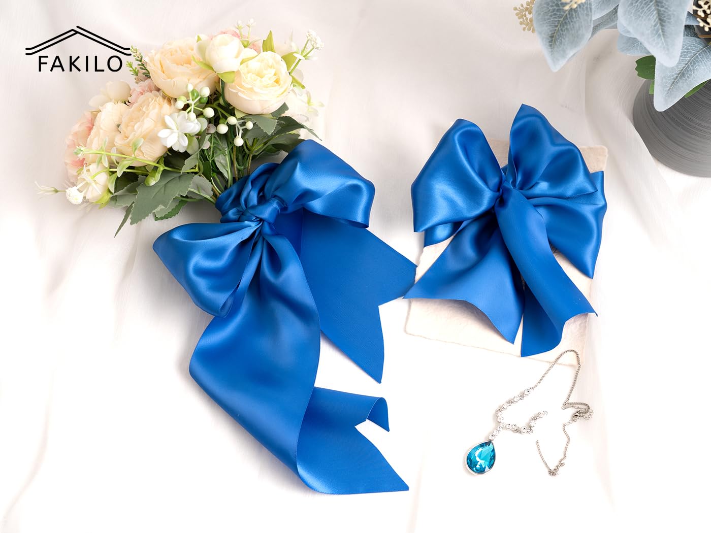 FAKILO Blue Satin Ribbon, 4 Inch Wide Double Faced Royal Blue Ribbon for Gift Wrapping Wedding Chair Pageant Sashes Craft Bow Making Christmas Party Decor Cutting Ceremony Kit Grand Opening -10 Yards