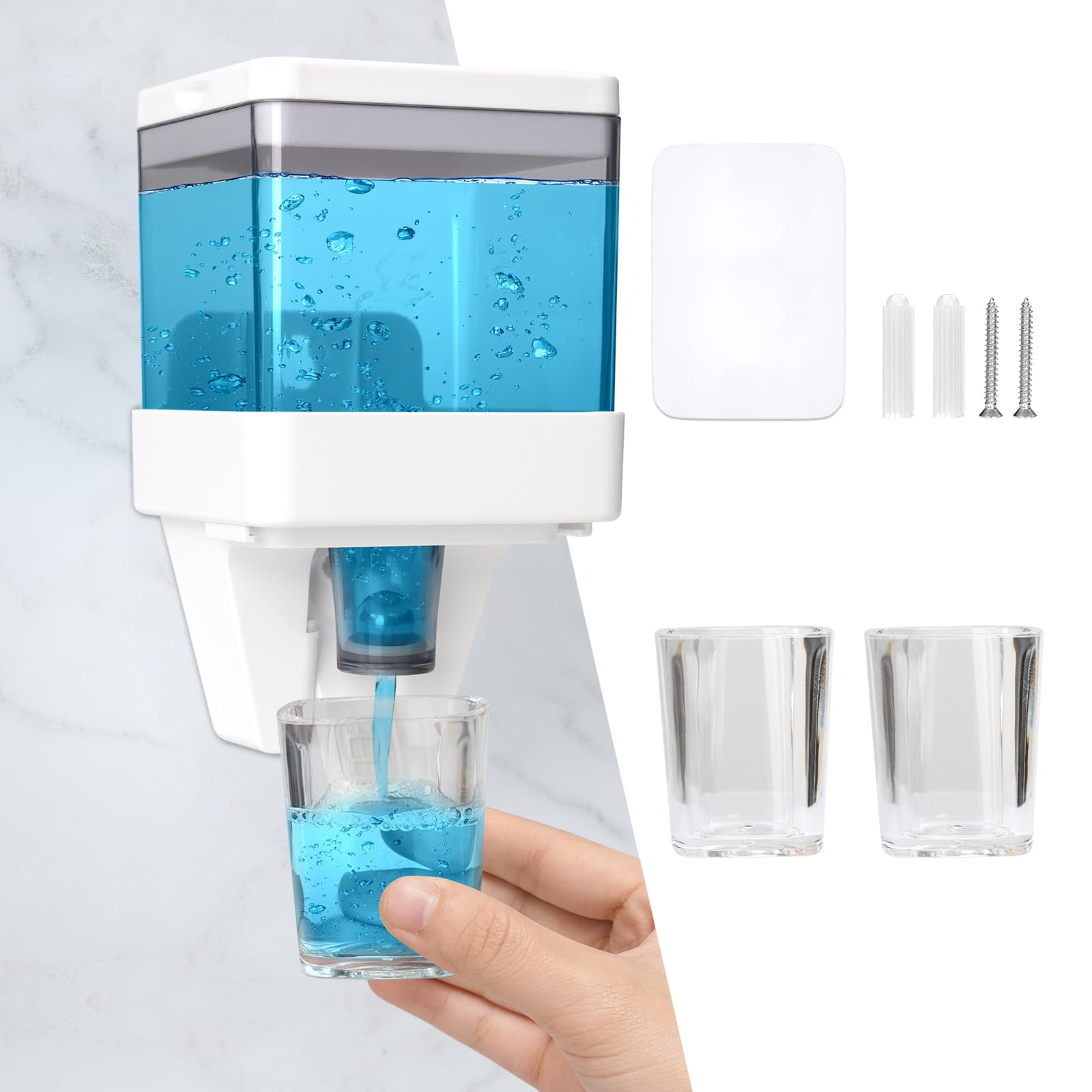 600ml/20oz Mouthwash Dispenser for Bathroom - RealPlus Wall-Mounted Mouthwash Container with 2 Reusable Acrylic Cups - Easy to Install, Adhesive or Screw Option