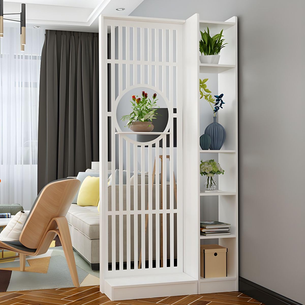 CraftThink Wall Room Divider, Modern White Freestanding Wood Room Divider Screen, Storage Cabinet Display Storage with Shelves, Wall Privacy Screens for Home Office Decorative, 27.5"L x 12"W x 75"H