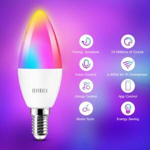 OHLUX Smart Candelabra Led Light Bulbs, 4W 40 Watt Equivalent E12 Base Led Bulb Compatible with Alexa/Google Assistant, Color Changing Light Bulb with 16 Million Colors, 2.4GHz WiFi Only, 4 Pack