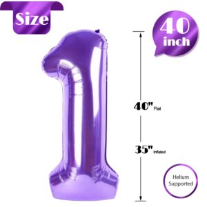 40 Inch Purple 1 Balloon for First Birthday, Purple One 1st Number Balloon Birthday Decorations for Girl Boy Toddler Baby, 10th 21st, Giant Number 1 Balloon