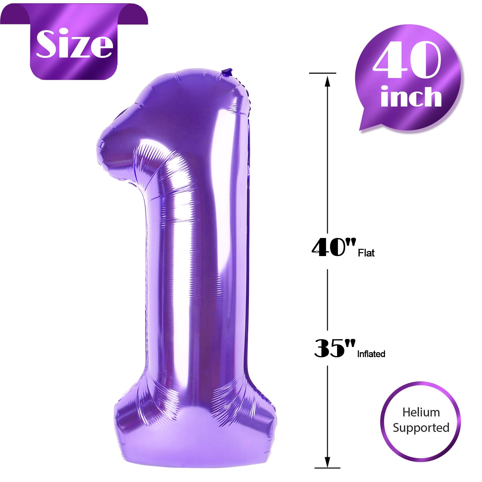 40 Inch Purple 1 Balloon for First Birthday, Purple One 1st Number Balloon Birthday Decorations for Girl Boy Toddler Baby, 10th 21st, Giant Number 1 Balloon