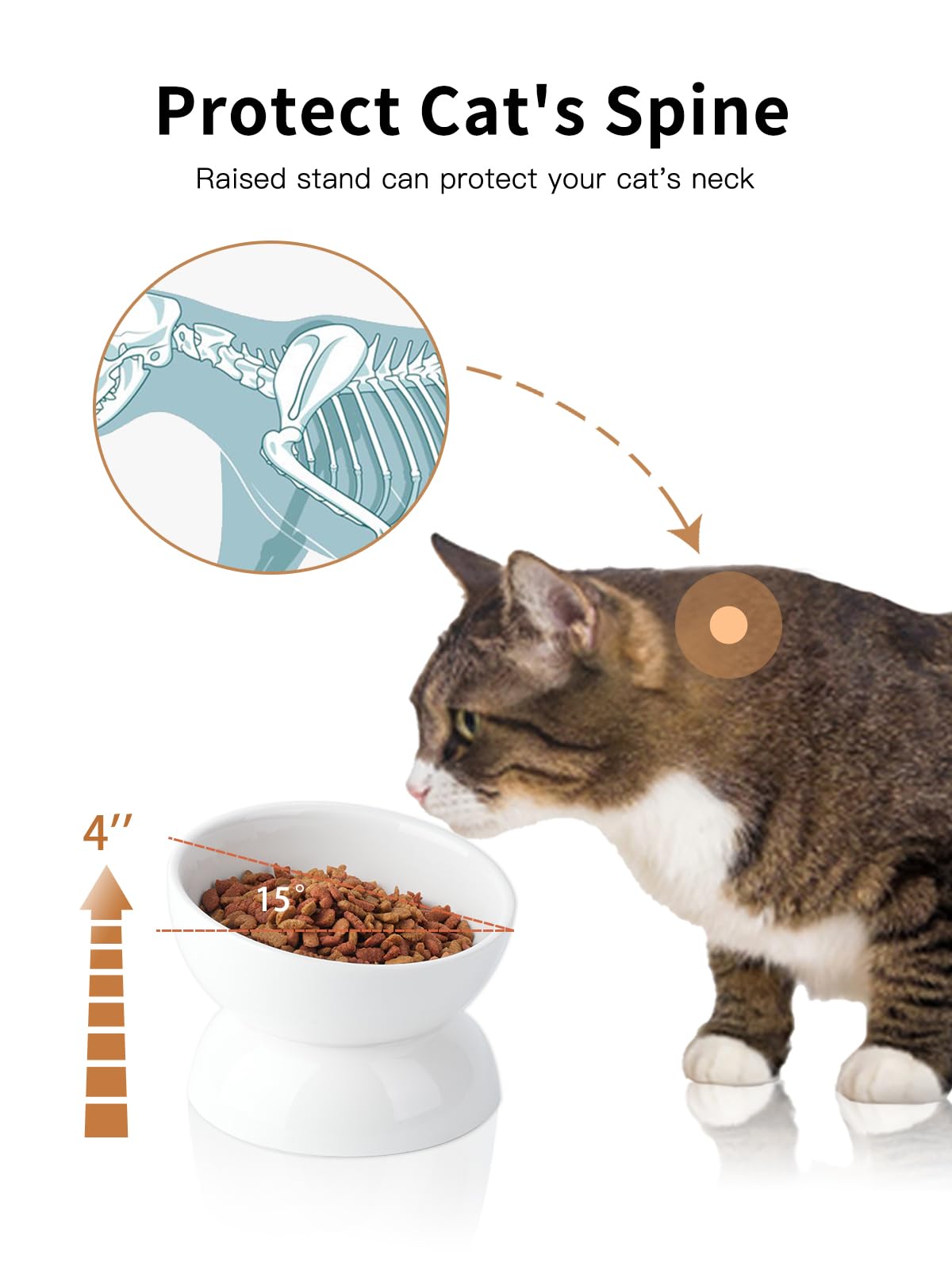 ABRUTY Cat Water Bowl, 16 OZ Ceramic Elevated Cat Dish, 15° Tilted and Raised Pet Food Bowl, Anti Vomiting Protect Pets' Spines and Whisker Fatigue