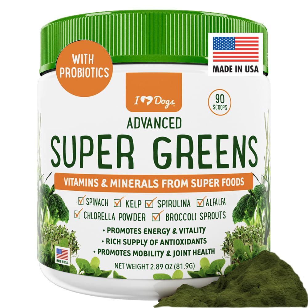 iHeartDogs Super Greens for Dogs with Broccoli Sprouts & Spirulina Powder - Seasonal Allergy & Immune Support Dog Greens Powder - Vitamins, Antioxidants & Minerals Supplement for Dogs