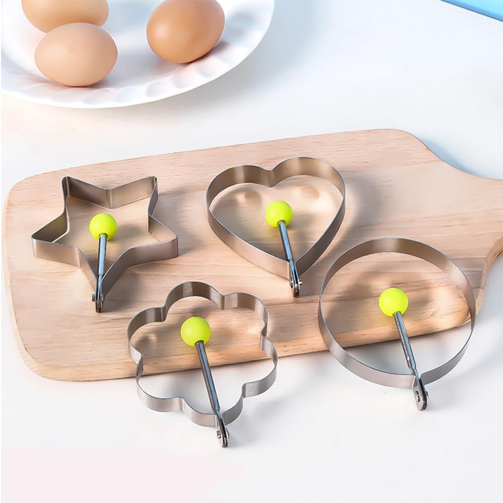 GZMAISULEE Egg Ring Molds for Cooking 5 Pack Griddle Egg Rings Stainless Steel Egg Cooking Rings Heart, Flower, Star, Micha, Round Pancake Mold Set, Yellow