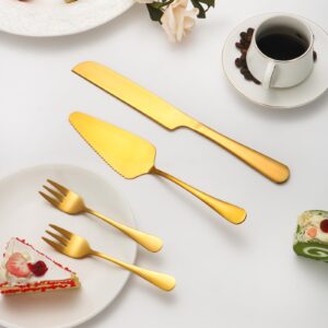 Cake Knife and Server Set with 6 Pcs Cake Forks,Wedding Cake Cutting Set for Birthday Anniversary Parties and Festival(8 PCS, Gold)