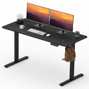 fitstand adjustable stand up desk with memory preset, standing desk 55 x 24 inch electric stand up desk home office desk computer workstation sit stand desk splice black top + black frame