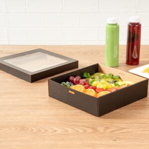 Restaurantware Cater Tek 9 x 9 x 2.4 Inch Baked Goods Boxes 10 Greaseproof Pastry Boxes - Window Lids Insert Tab Lock Black Paper Catering Boxes Easy Assembly For Charcuterie Or Cupcakes