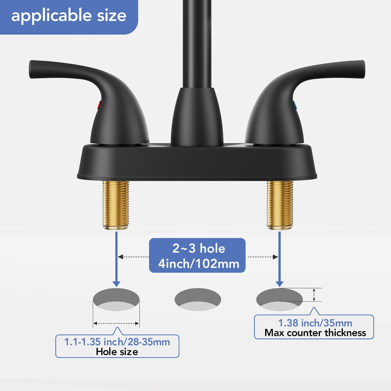 Phiestina Matte Black 4 Inch Centerset Bathroom Faucet, 2 Handle Deck Plate 2 or 3 Hole Bathroom Faucet, with Metal Pop-up Drain with Overflow & CUPC Water Supply Line, BF02011-B11-MB