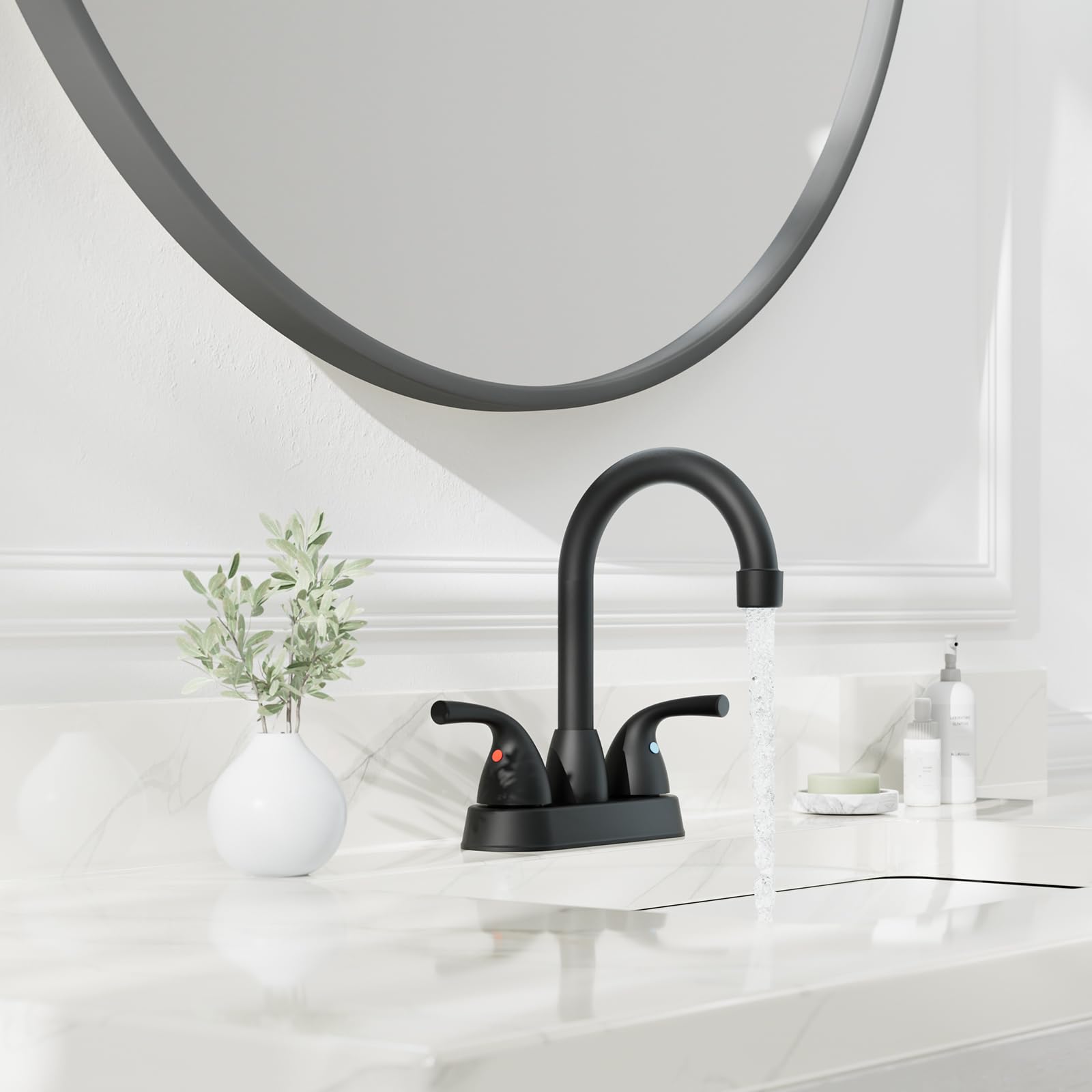 Phiestina Matte Black 4 Inch Centerset Bathroom Faucet, 2 Handle Deck Plate 2 or 3 Hole Bathroom Faucet, with Metal Pop-up Drain with Overflow & CUPC Water Supply Line, BF02011-B11-MB