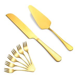 cake knife and server set with 6 pcs cake forks,wedding cake cutting set for birthday anniversary parties and festival(8 pcs, gold)