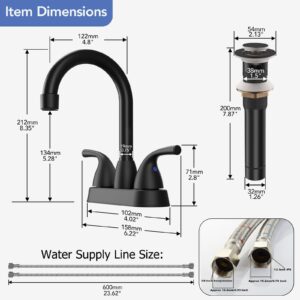 Phiestina Matte Black 4 Inch Centerset Bathroom Faucet, 2 Handle Deck Plate 2 or 3 Hole Bathroom Faucet, with Metal Pop-up Drain with Overflow & CUPC Water Supply Line, BF02011-B11-MB