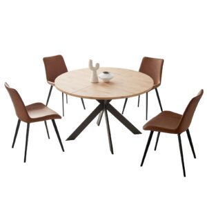 Zerifevni 46.4" Round Dining Table Set, Mid Century Modern Round Dining Table for 4-6 Person, w/Steel Legs, Coffee Table for Kitchen Dining Room, Office, Save Space (1 Table with 4 Brown Chairs)