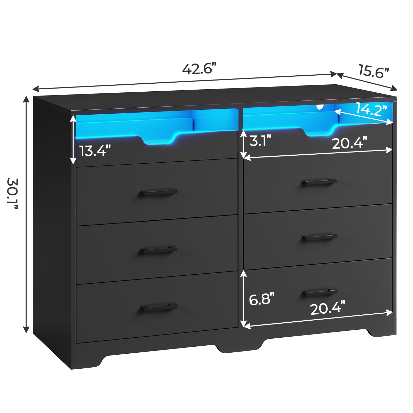 Hasuit 6 Drawers Dresser with LED Lights for Bedroom, Modern Double Dresser with 2 Pull-Out Trays, Black Chest of Drawers Bedroom Storage Organizer, Dimensions 15.6" D x 42.6" W x 30.1" H