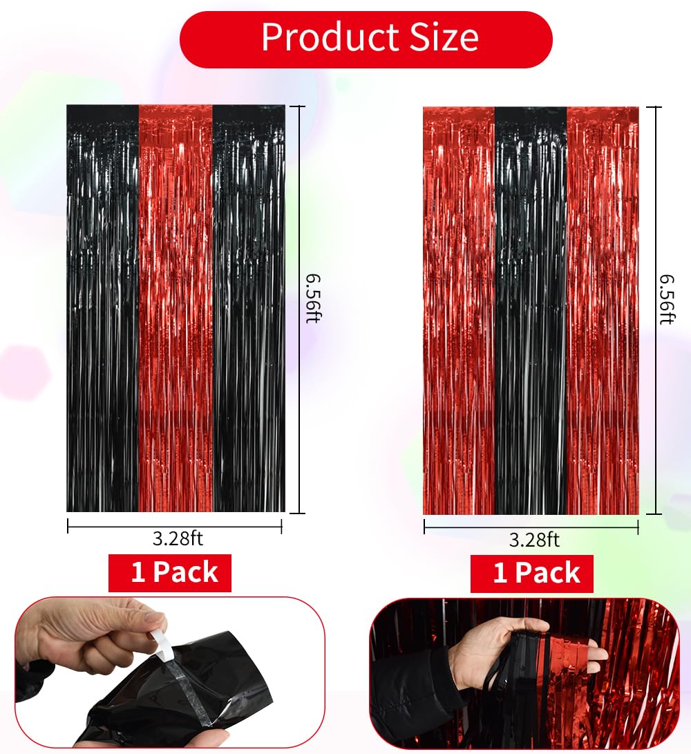 BEISHIDA 2 Pcs Red and Black Door Streamers Foil Curtain Red and Black Party Decoration Backdrop for Casino Theme Scream Party Graduation Birthday Party Decorations (3.28 ft x 6.56 ft)