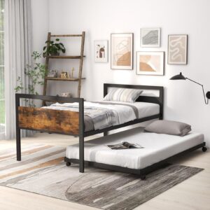 KOMFOTT Twin Size Metal Daybed with Trundle, Daybed Frame with Wooden Headboards, Metal Slat Support, Saving Space Metal Sofa Bed Frame for Living Room, Bedroom, Apartment, No Box Spring Needed