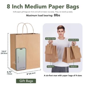 GSSUSA 100 Pack 8x4.25x10'' Paper Bags with Handles Bulk, Brown Paper Gift Bags for Small Business, Sturdy Retail Shopping Bags, Birthday Wedding Party Favor Bags, Craft Bags, Kraft Bags