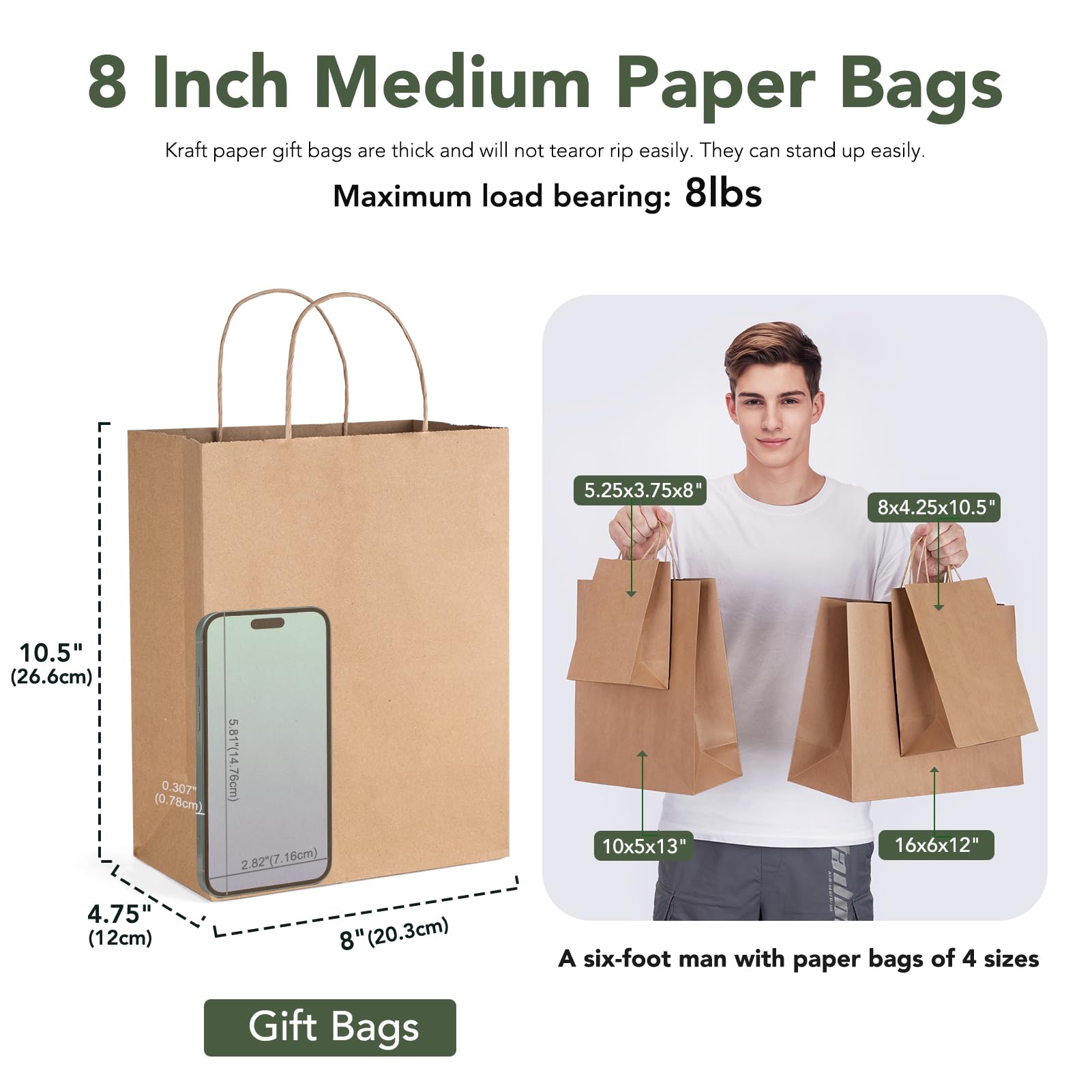 GSSUSA 100 Pack 8x4.25x10'' Paper Bags with Handles Bulk, Brown Paper Gift Bags for Small Business, Sturdy Retail Shopping Bags, Birthday Wedding Party Favor Bags, Craft Bags, Kraft Bags